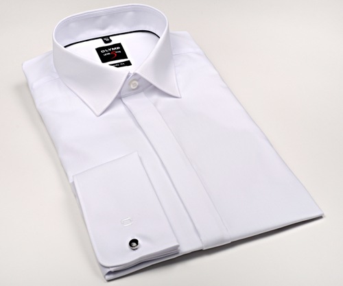 Na obrázku je bílá gala (slavnostní) košile s dvojitou manžetou a skrytou légou
