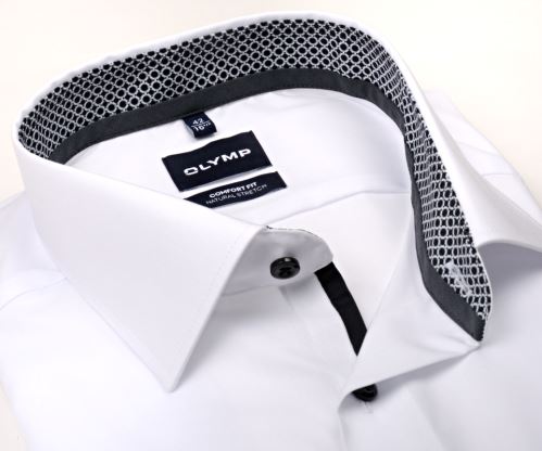 Koszula Olymp Modern Fit Natural Stretch – biała z czarno-bialą stójką i mankietem - ekstra długi rękaw