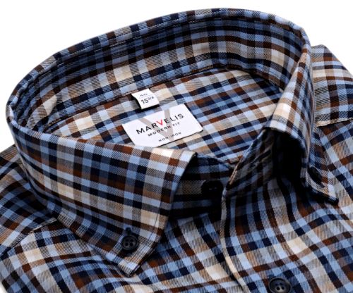 Koszula Marvelis Modern Fit Twill – w beżowo-niebiesko-brązową kratę