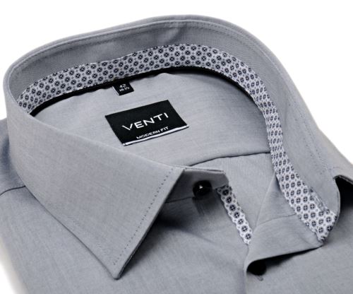 Koszula Venti Modern Fit – szara z czarno-białą wewnętrzną stójką, mankietem i plisą