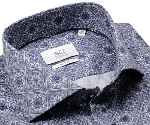 Koszula Eterna 1863 Slim Fit Two Ply - luksusowa w wyraziste niebieskie ornamenty