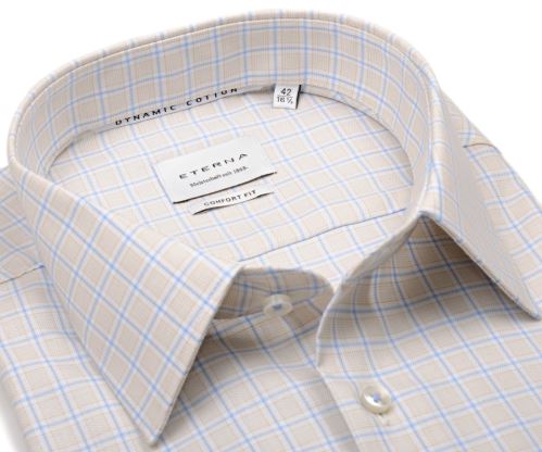 Koszula Eterna Dynamic Cotton Comfort Fit - beżowa w jasnoniebieską kratkę Koszula Eterna Dynamic Cotton Comfort Fit - beżowa w jasnoniebieską kratkę