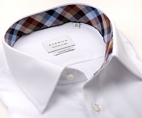 Koszula Eterna Comfort Fit Twill - biała z diagonalną strukturą i kolorową stójką i mankietem Koszula Eterna Comfort Fit Twill - biała z diagonalną strukturą i kolorową stójką i mankietem