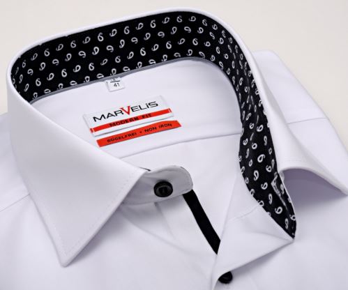 Koszula Marvelis Modern Fit – biała z czarno-białą wewnętrzną stójką - extra długi rękaw