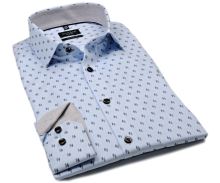 Koszula Olymp Super Slim – jasnoniebieska w niebiesko-beżowe równoleżniki z wewnętrzną stójką i mankietami
