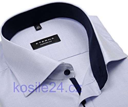 Koszula Eterna Comfort Fit – z niebieskim tkanym wzorem i wewnętrzną stójką - krótki rękaw