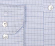 Koszula Olymp Super Slim – biała z delikatną strukturą w jasnoniebieską kratkę - extra długi rękaw
