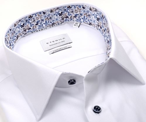 Koszula Eterna Dynamic Cotton Comfort Fit - biała z wzorem i kolorową wewnętrzną stójką - krótki rękaw