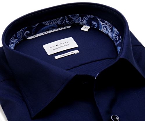 Koszula Eterna Comfort Fit Dynamic Cotton - granatowa z wewnętrzną stójką i mankietem - extra długi rękaw