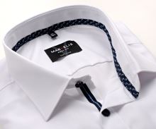 Marvelis Body Fit – biała koszula z granatową wewnętrzną stójką, mankietem i plisą - extra długi rękaw