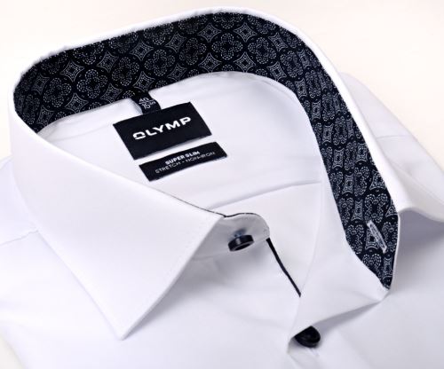 Koszula Olymp Super Slim – biała z ciemnoniebieską wewnętrzną stójką w ornamenty - ekstra długi rękaw