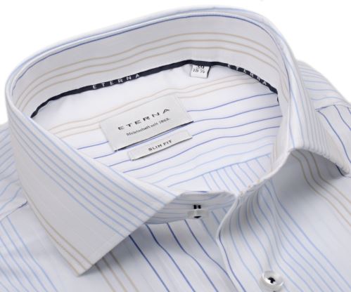 Koszula Eterna Slim Fit - luksusowa w wyszyte niebiesko-beżowe prążki