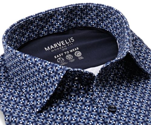 Koszula Marvelis Modern Fit Jersey – elastyczna granatowa z niebiesko-białym wzorem mozaikowym
