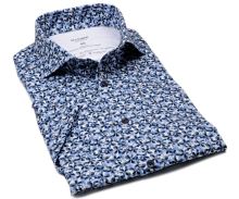 Koszula Olymp Level Five 24/Seven – luksusowa elastyczna z niebiesko-beżowym wzorem liści - krótki rękaw