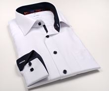 Koszula Olymp Comfort Fit – biała z wplecionym wzorem i granatową wewnętrzną stójką - extra długi rękaw