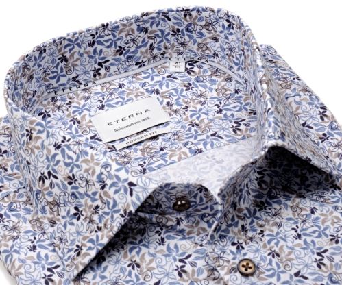 Koszula Eterna Modern Fit - z niebiesko-beżowym floralnym wzorem - krótki rękaw