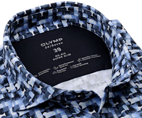 Koszula Olymp Super Slim 24/Seven – luksusowa elastyczna z niebiesko-białym wzorem