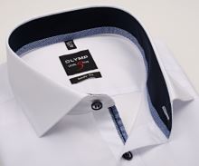 Koszula Olymp Level Five – biała z ciemnoniebieską wewnętrzną stójką i mankietem - extra długi rękaw