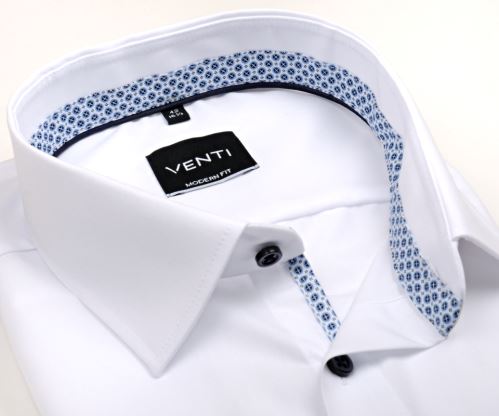Koszula Venti Modern Fit – biała z niebiesko-białą wewnętrzną stójką, mankietem i plisą