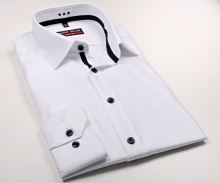 Luksusowa koszula Marvelis Body Fit Twill – biała z ciemnoniebieską wewnętrzną stójką i plisą