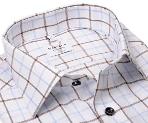 Koszula Marvelis Modern Fit Twill – luksusowa w brązową i jasnonieniebieską kostkę - ekstra długi rękaw