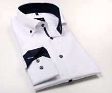 Koszula Venti Modern Fit – biała z delikatną strukturą i ciemnoniebieską stójką wewnętrzną i mankietami