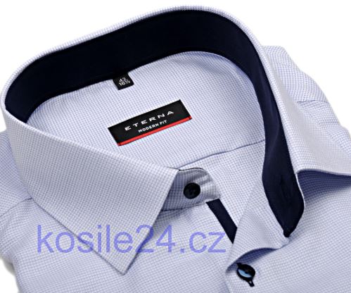 Koszula Eterna Modern Fit – biała z niebieskim tkanym wzorem i kołnierzykiem wewnętrznym, mankietami i plisą