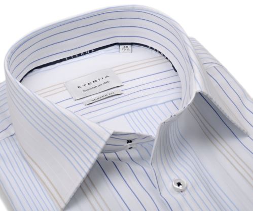 Koszula Eterna Modern Fit - luksusowa w wyszyte niebiesko-beżowe prążki - krótki rękaw