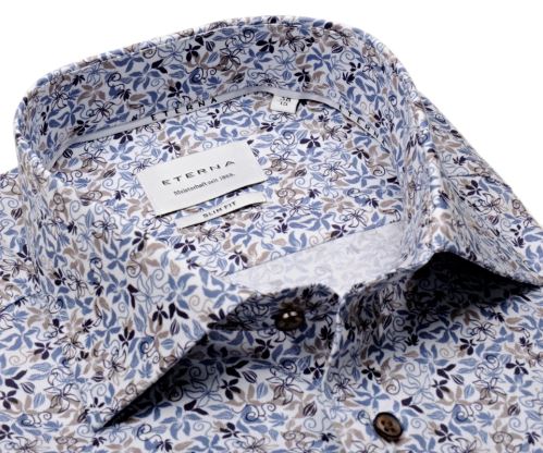 Koszula Eterna Slim Fit - z niebiesko-beżowym floralnym wzorem