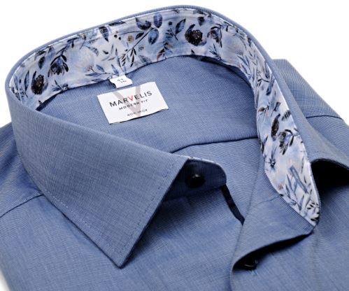 Koszula Marvelis Modern Fit – niebieska z kolorową kwiatową wewnętrzną stójką - krótki rękaw