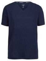 Granatowy lniany t-shirt Olymp Level Five z krótkim rękawem - dekolt V