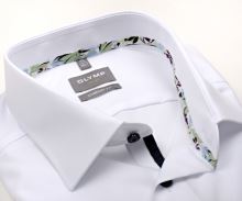 Koszula Olymp Luxor Comfort Fit – biała z kolorową florystyczną wewnętrzną stójką i mankietem