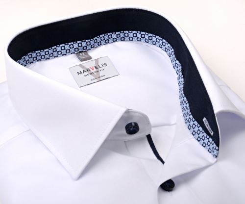 Koszula Marvelis Modern Fit – biała z stojką w kosteczki i granatowym mankietem - ekstra długi rękaw Koszula Marvelis Modern Fit – biała z stojką w kosteczki i granatowym mankietem - ekstra długi rękaw
