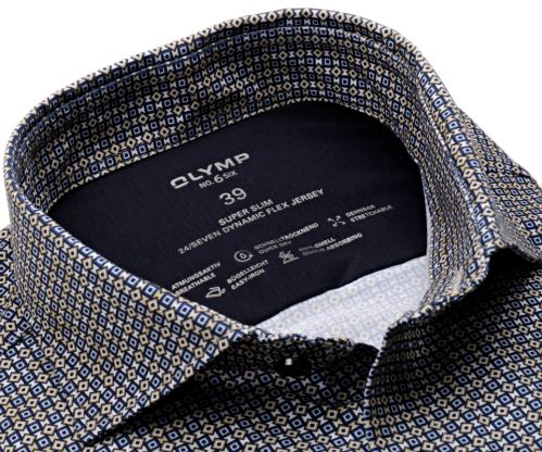 Koszula Olymp Super Slim 24/Seven – luksusowa elastyczna z niebiesko-beżowym wzorem