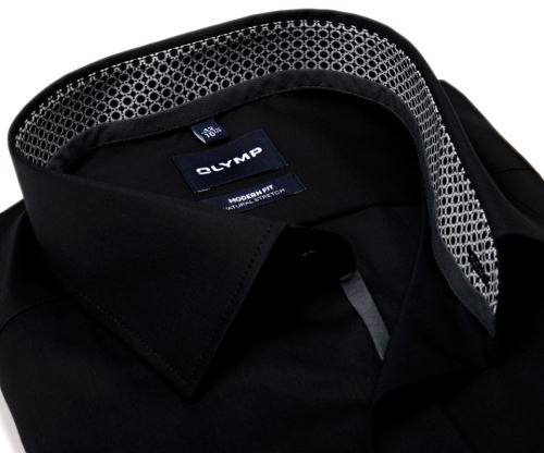 Koszula Olymp Modern Fit Natural Stretch – czarna z czarno-bialą stójką i mankietem - ekstra długi rękaw