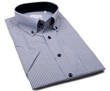 Koszula Eterna Comfort Fit – w jasny niebiesko-beżowy wzór karo z wewnętrzną stójką - krótki rękaw