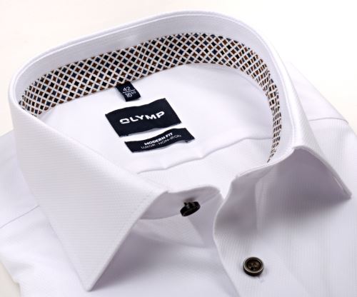 Koszula Olymp Modern Fit – biała z wyszytym wzorem, wewnętrzną stójką i mankietem w gwiazdki