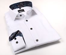 Koszula Olymp Super Slim – biała o delikatnej strukturze, z wewnętrzną stójką i mankietem w kwiaty