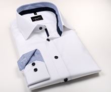 Koszula Venti Body Fit – biała z niebieską wewnętrzną stójką, mankietami i plisą - extra długi rękaw