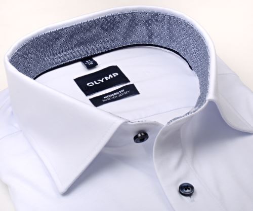 Koszula Olymp Modern Fit 24/Seven – luksusowa biała elastyczna z wewnętrzną stójką i mankietem w prostokąciki Koszula Olymp Modern Fit 24/Seven – luksusowa biała elastyczna z wewnętrzną stójką i mankietem w prostokąciki