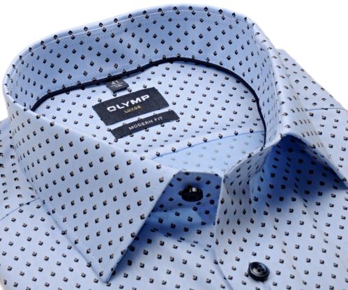 Koszula Olymp Modern Fit – jasnoniebieska z beżowo-granatowym wzorem pączka - krótki rękaw Koszula Olymp Modern Fit – jasnoniebieska z beżowo-granatowym wzorem pączka - krótki rękaw