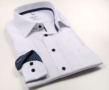 Koszula Marvelis Modern Fit – biała z niebiesko-białą wewnętrzną stójką i mankietem - extra długi rękaw