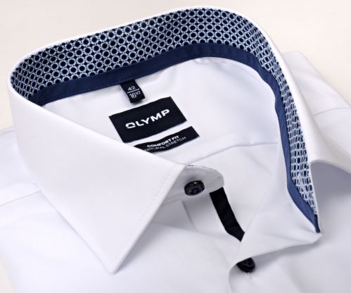 Koszula Olymp Comfort Fit Natural Stretch – biała z niebiesko-bialą wewnętrzną stójką i mankietem