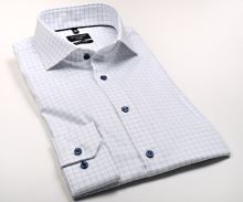 Koszula Olymp Super Slim – biała z wyszytym wzorem w jasnoniebieską kratkę
