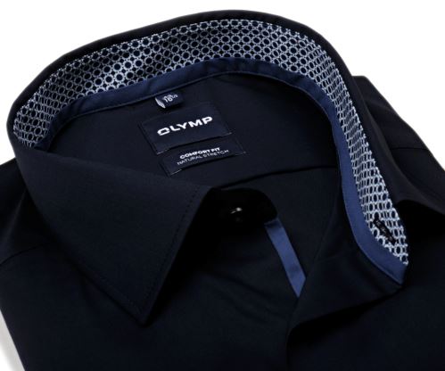 Koszula Olymp Comfort Fit Natural Stretch – granatowa z niebiesko-bialą stójką i mankietem