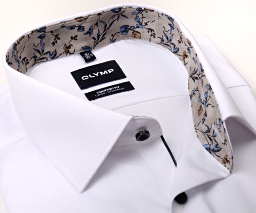 Koszula Olymp Comfort Fit – biała z beżową wewnętrzną stójką i mankietem w kwiatki