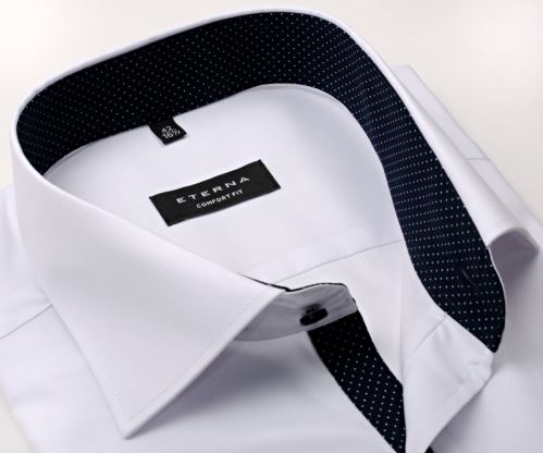 Koszula Eterna Comfort Fit Fine Oxford – biała z granatowym kołnierzykiem wewnętrznym, mankietami i plisą