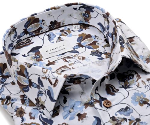 Koszula Eterna Slim Fit - designerska w niebiesko-brązowe kwiaty - extra długi rękaw