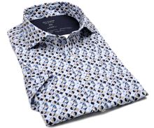 Koszula Olymp Modern Fit 24/Seven – designerska elastyczna z beżowo-niebieskimi kółkami - krótki rękaw