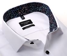 Koszula Olymp Super Slim – biała o delikatnej strukturze, z wewnętrzną stójką i mankietem w kwiaty